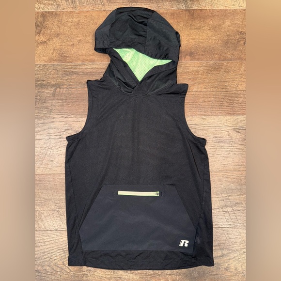 Russell Athletic Other - Russell Muscle Black Sleeveless Hoodie with Green Accents